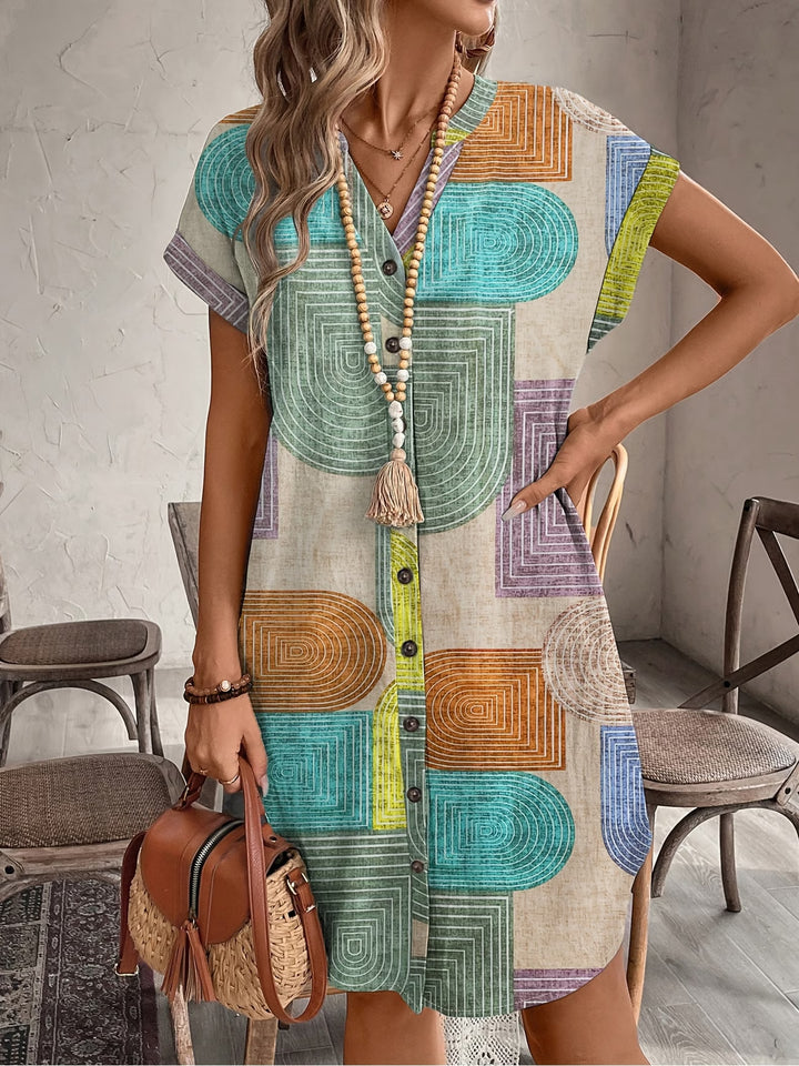 Ailsa | Elegant Geometric V-Neck Button Dress