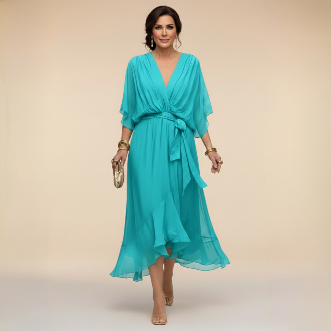 Verenia | Elegant V-Neck Flowy Sleeve Dress
