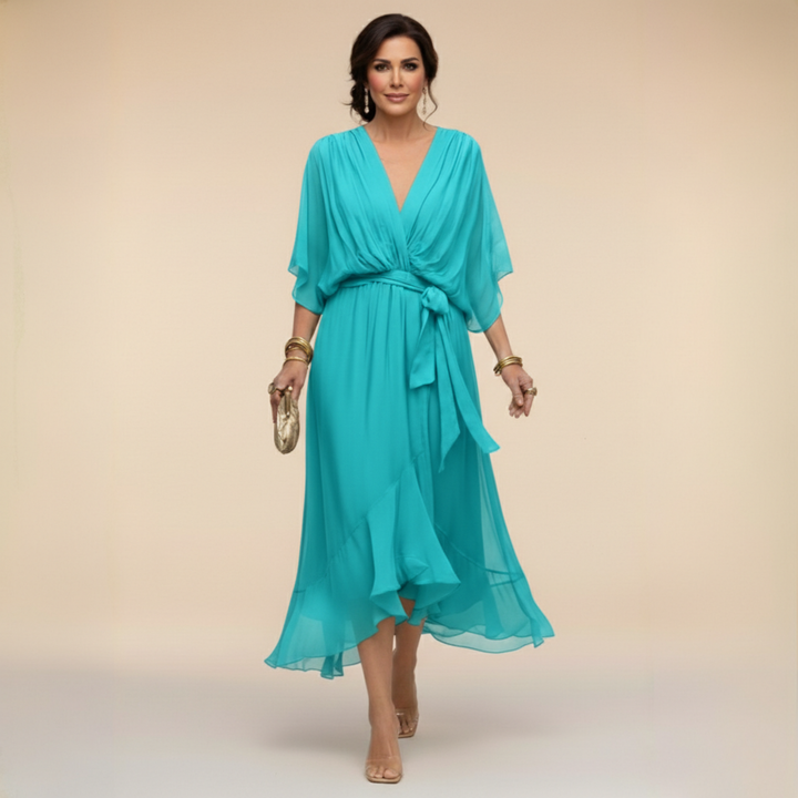 Verenia | Elegant V-Neck Flowy Sleeve Dress