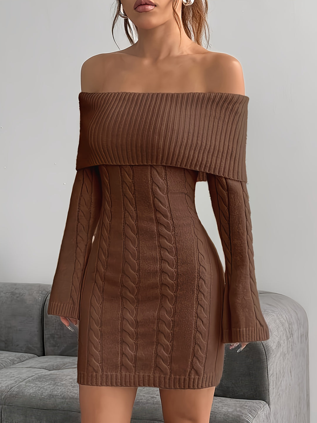Gabrielle | Off-Shoulder Cable-Knit Dress
