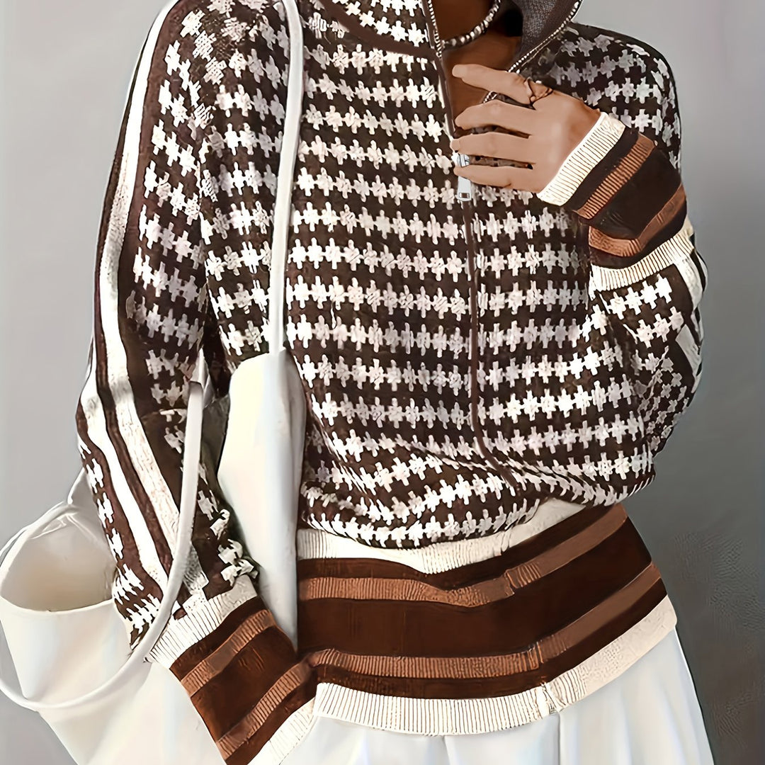 Lenora | Patterned Stand-Collar Zip Cardigan