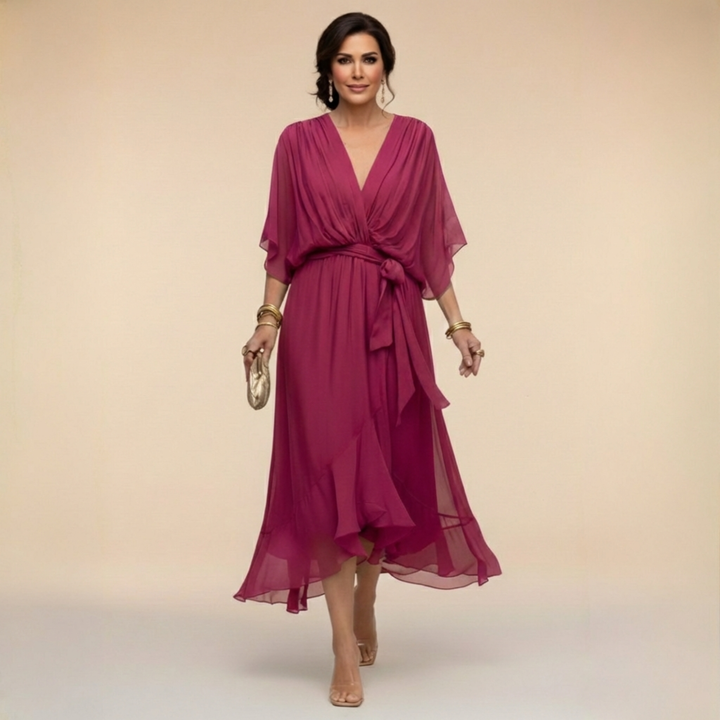Verenia | Elegant V-Neck Flowy Sleeve Dress