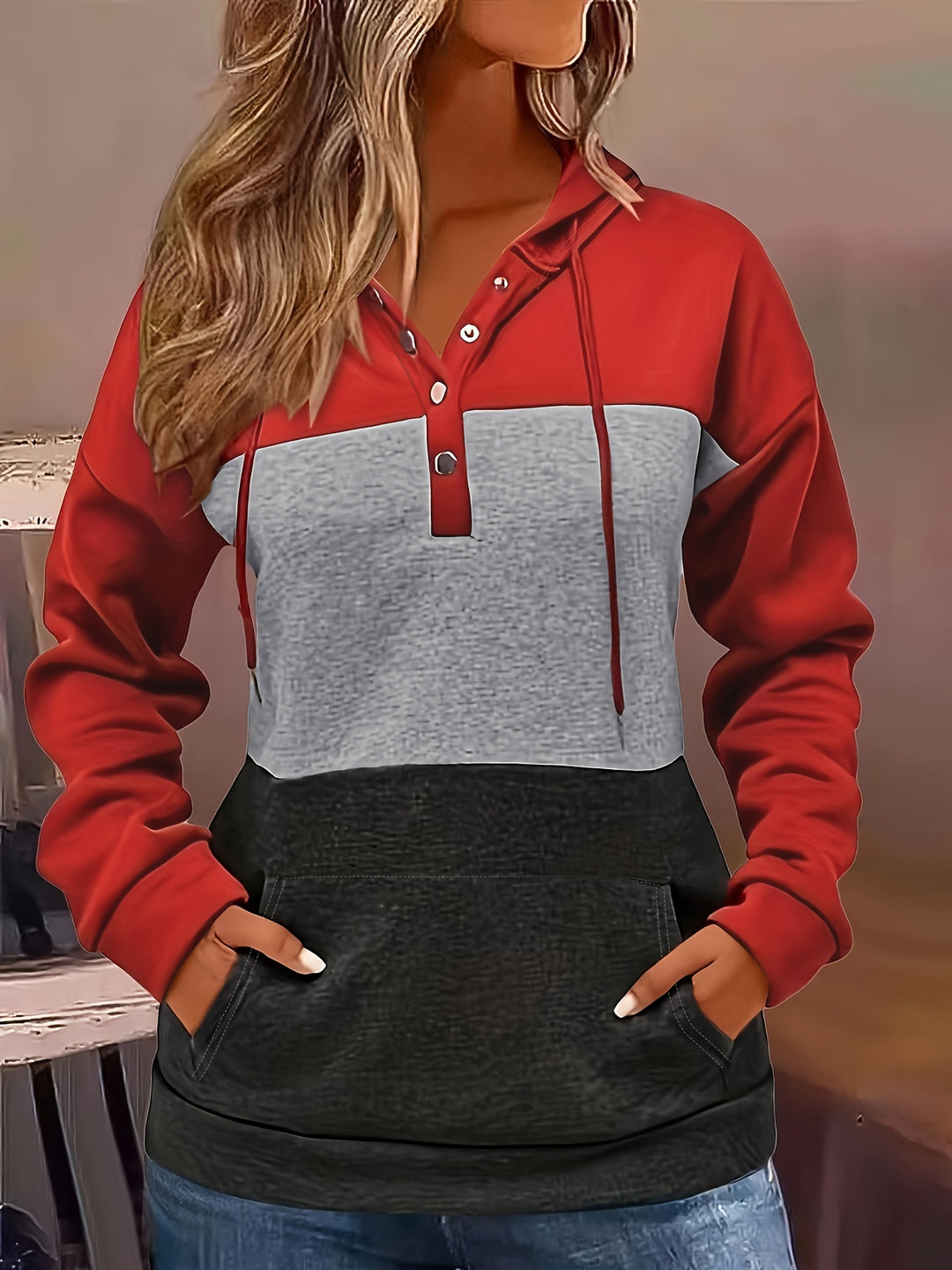 Tamsin | Colour Block Button Hoodie