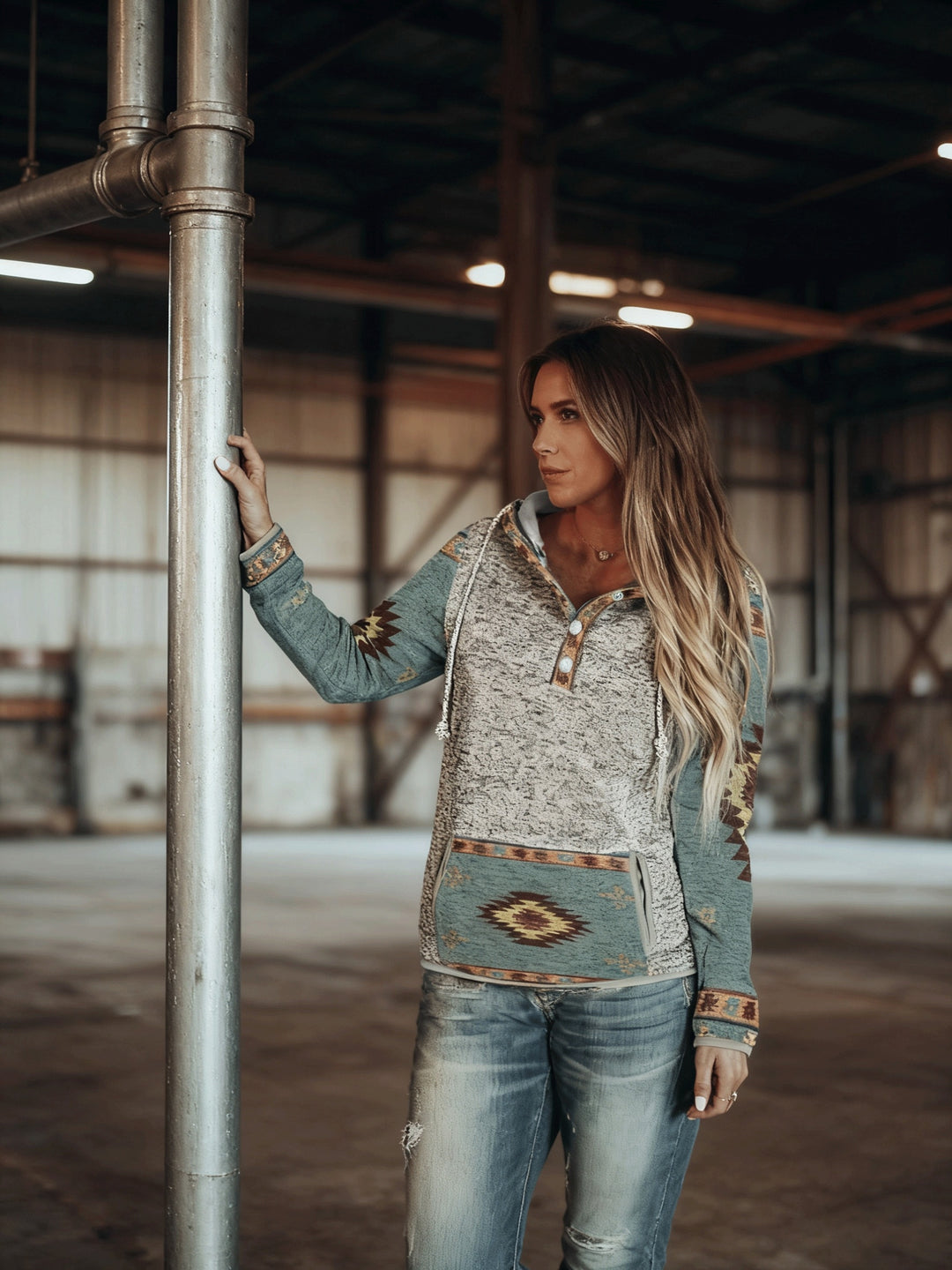 Serena | Western-Pattern Snap-Button Hoodie