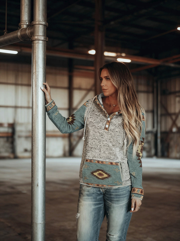 Serena | Western-Pattern Snap-Button Hoodie