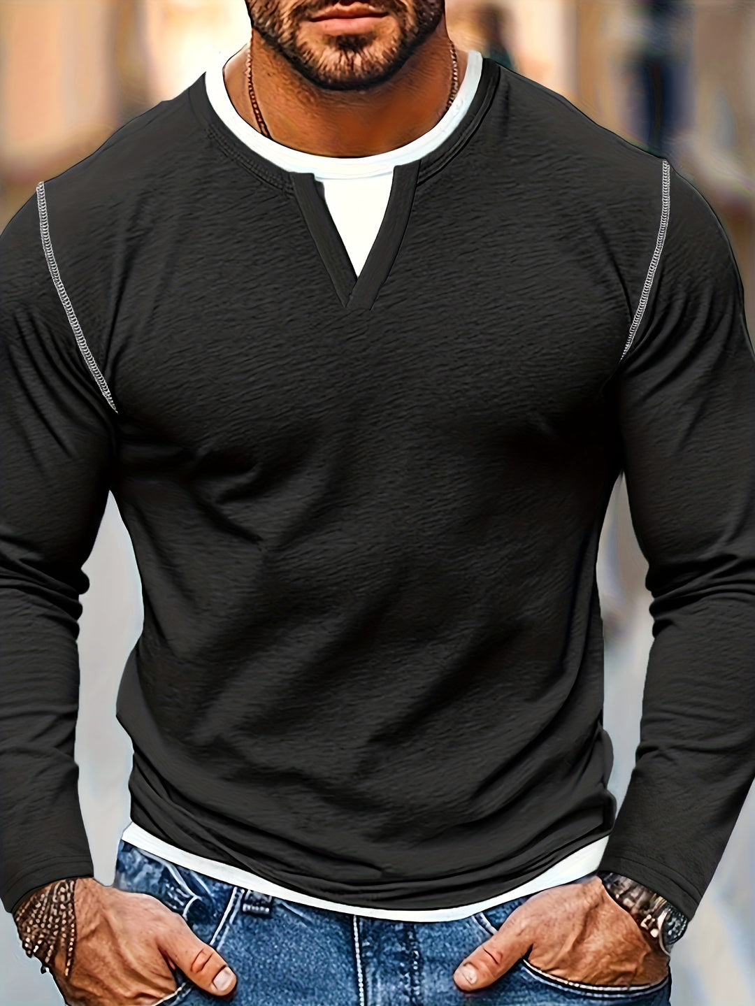Beckett | Contrast-Stitch Notch-Neck Henley Shirt