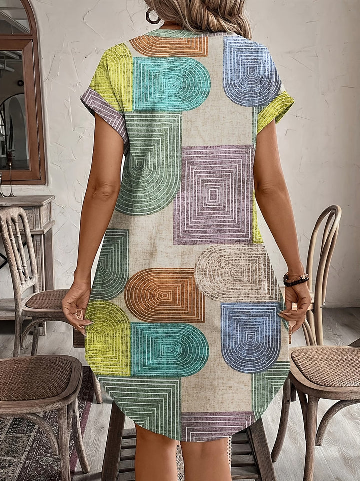 Ailsa | Elegant Geometric V-Neck Button Dress
