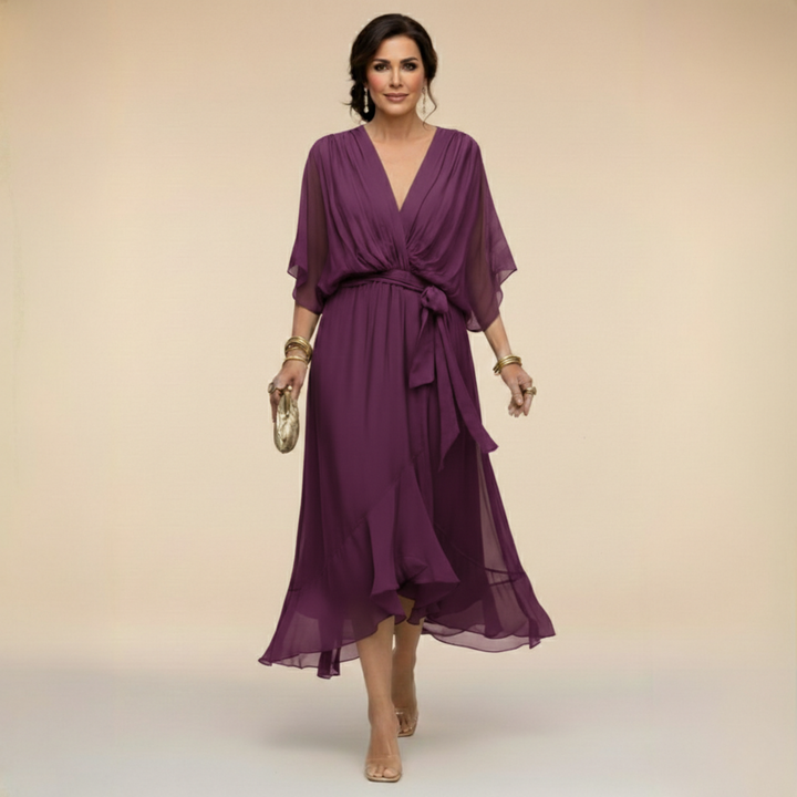 Verenia | Elegant V-Neck Flowy Sleeve Dress