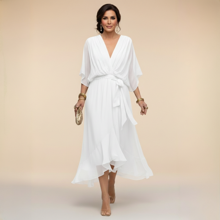 Verenia | Elegant V-Neck Flowy Sleeve Dress