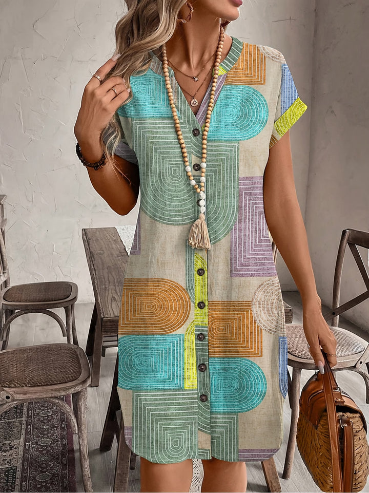 Ailsa | Elegant Geometric V-Neck Button Dress