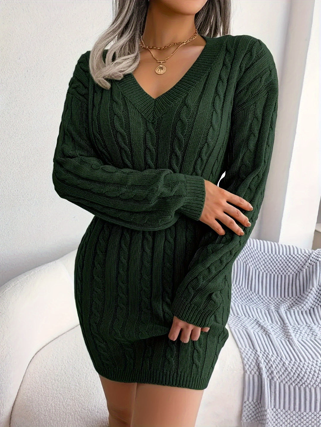 Tabitha | Cable-Knit Cinched-Waist Sweater Dress