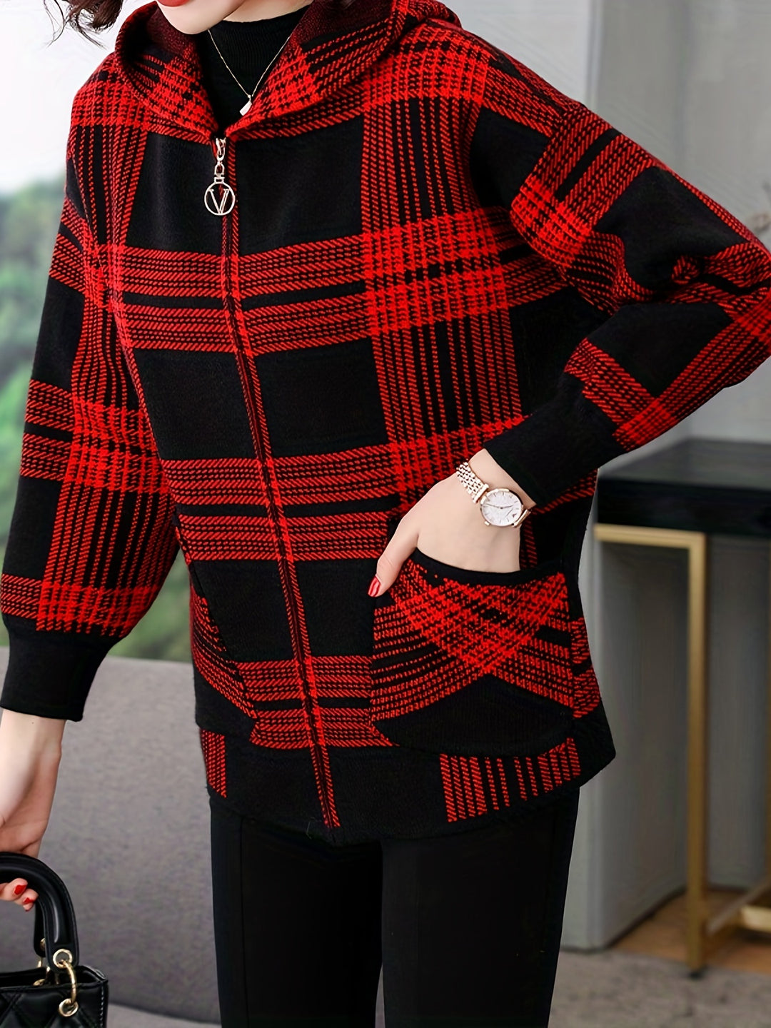Delaney | Checked Hooded Zip-Up Jacket