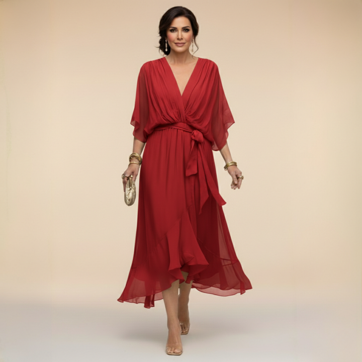 Verenia | Elegant V-Neck Flowy Sleeve Dress