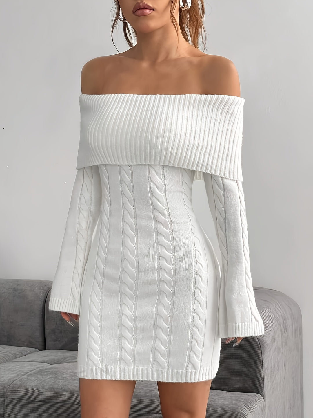 Gabrielle | Off-Shoulder Cable-Knit Dress