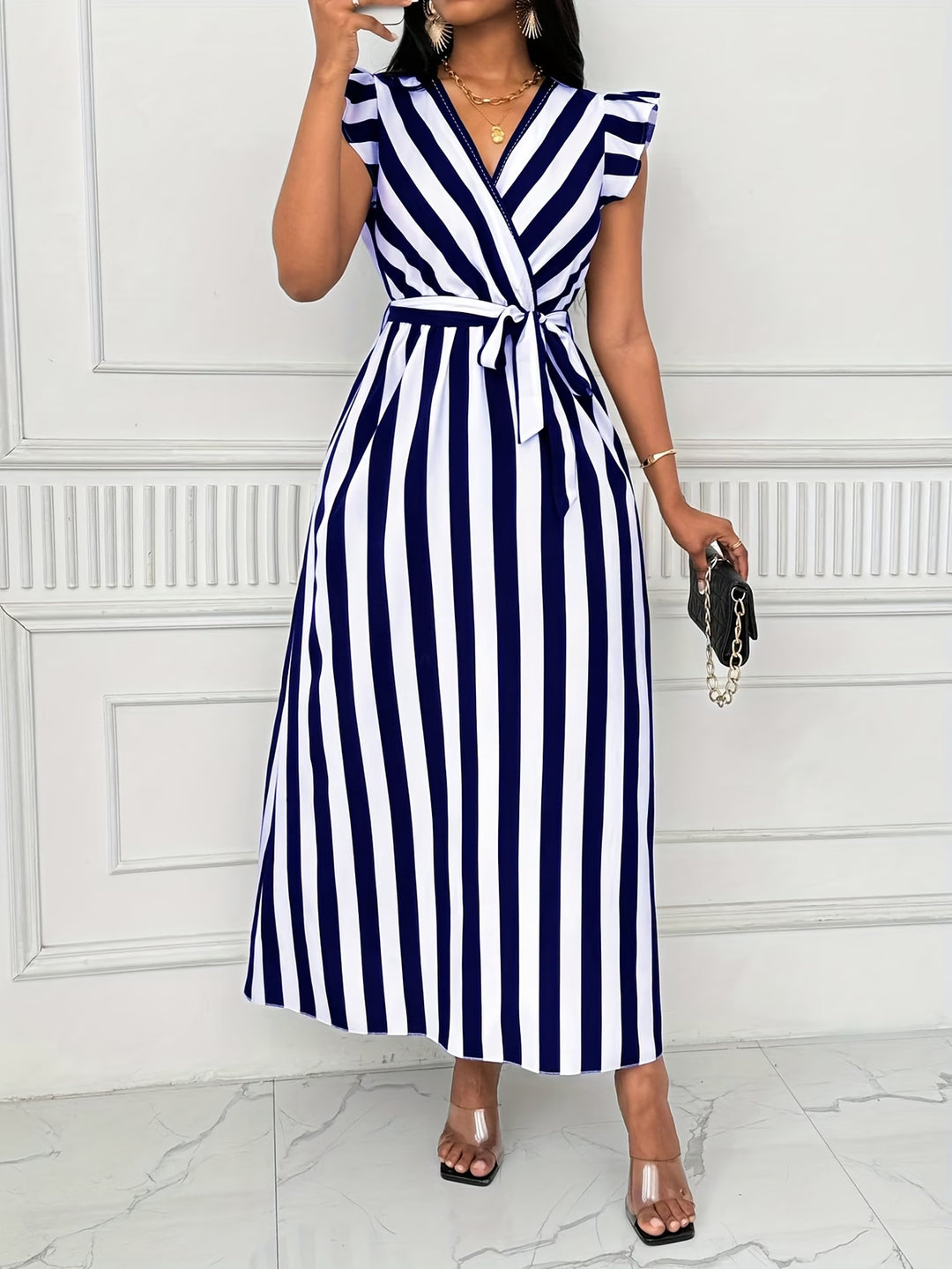 Valerie | Striped Dress with Lotus Leaf Sleeves Dress