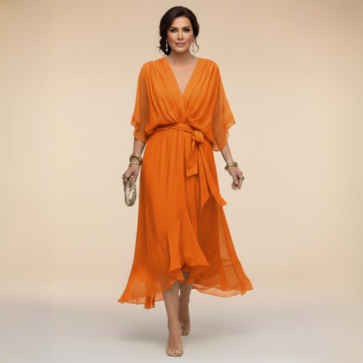 Verenia | Elegant V-Neck Flowy Sleeve Dress