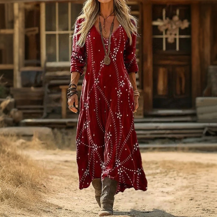 Yolanda | Vintage Wine Red Long Sleeve Dress