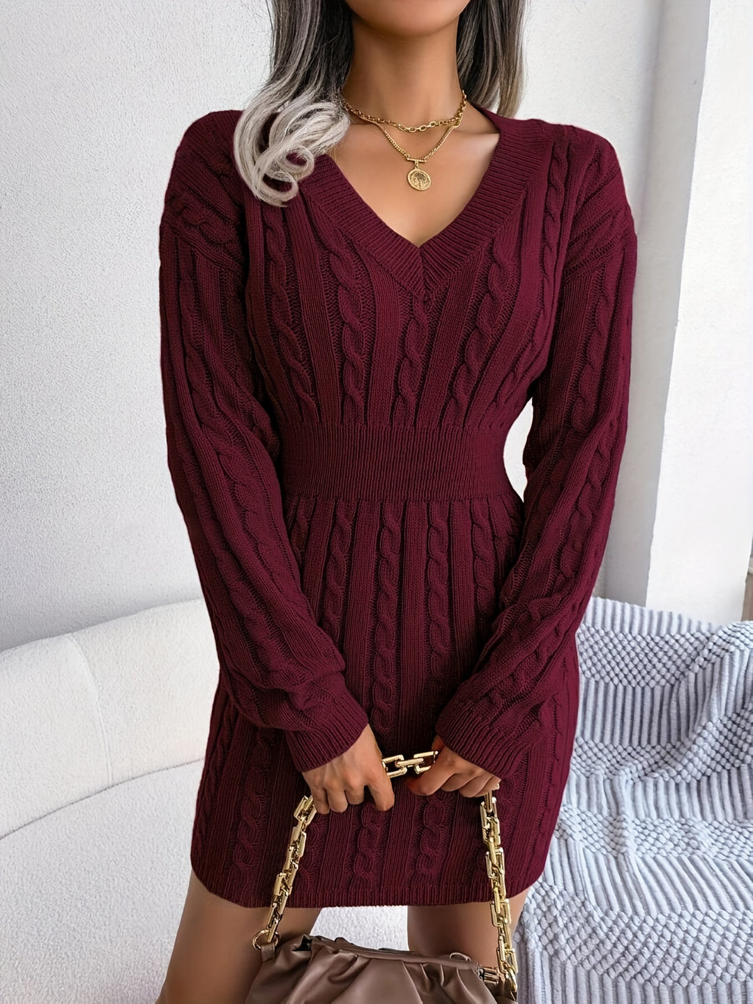 Tabitha | Cable-Knit Cinched-Waist Sweater Dress
