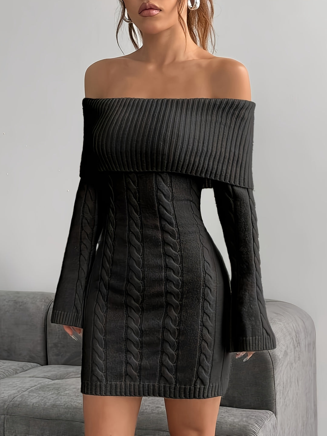 Gabrielle | Off-Shoulder Cable-Knit Dress