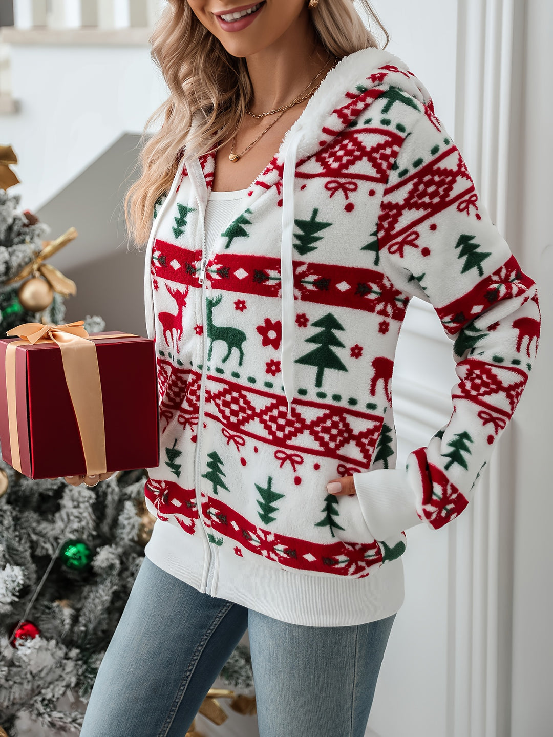 Holly | Christmas Reindeer Zip Hoodie