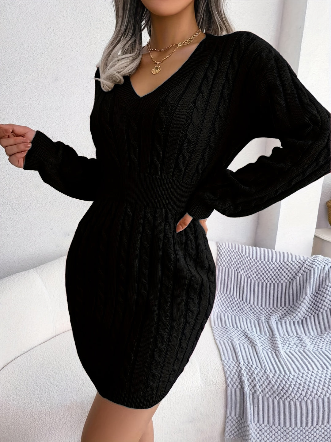Tabitha | Cable-Knit Cinched-Waist Sweater Dress