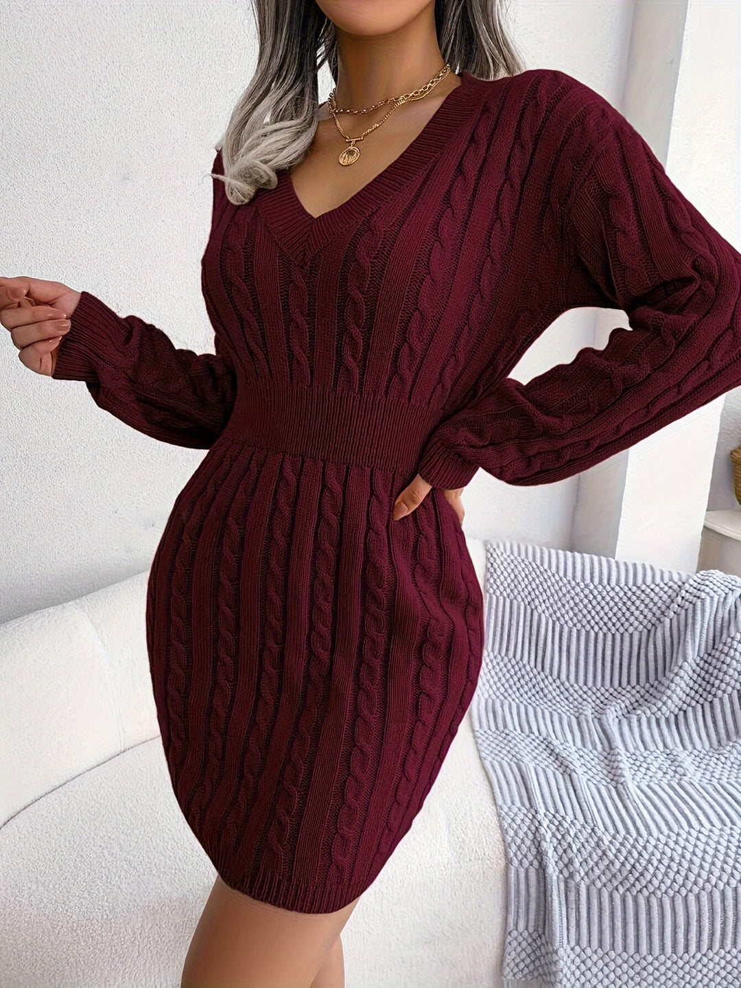 Tabitha | Cable-Knit Cinched-Waist Sweater Dress