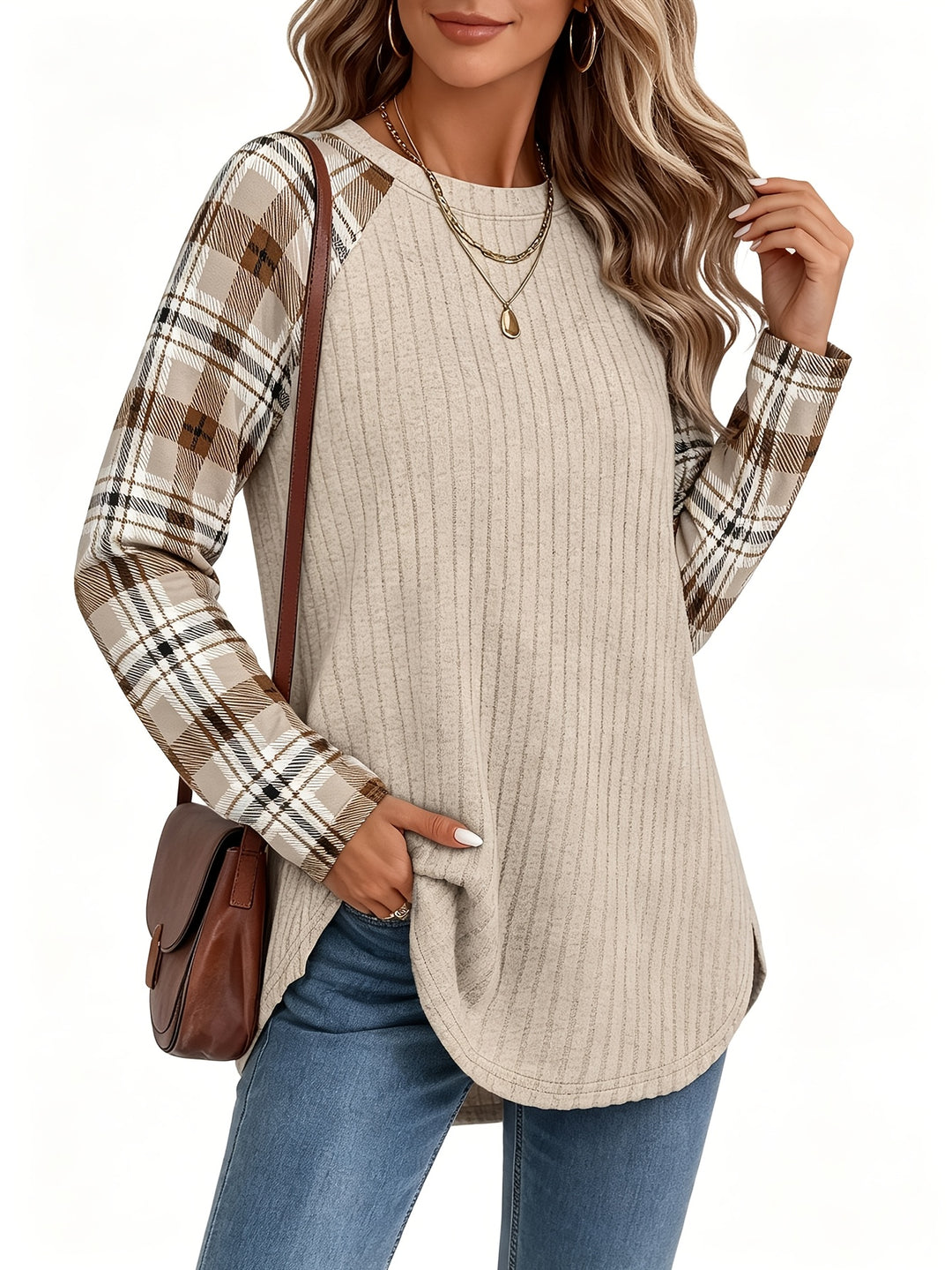 Audrey | Ribbed Check-Sleeve Top
