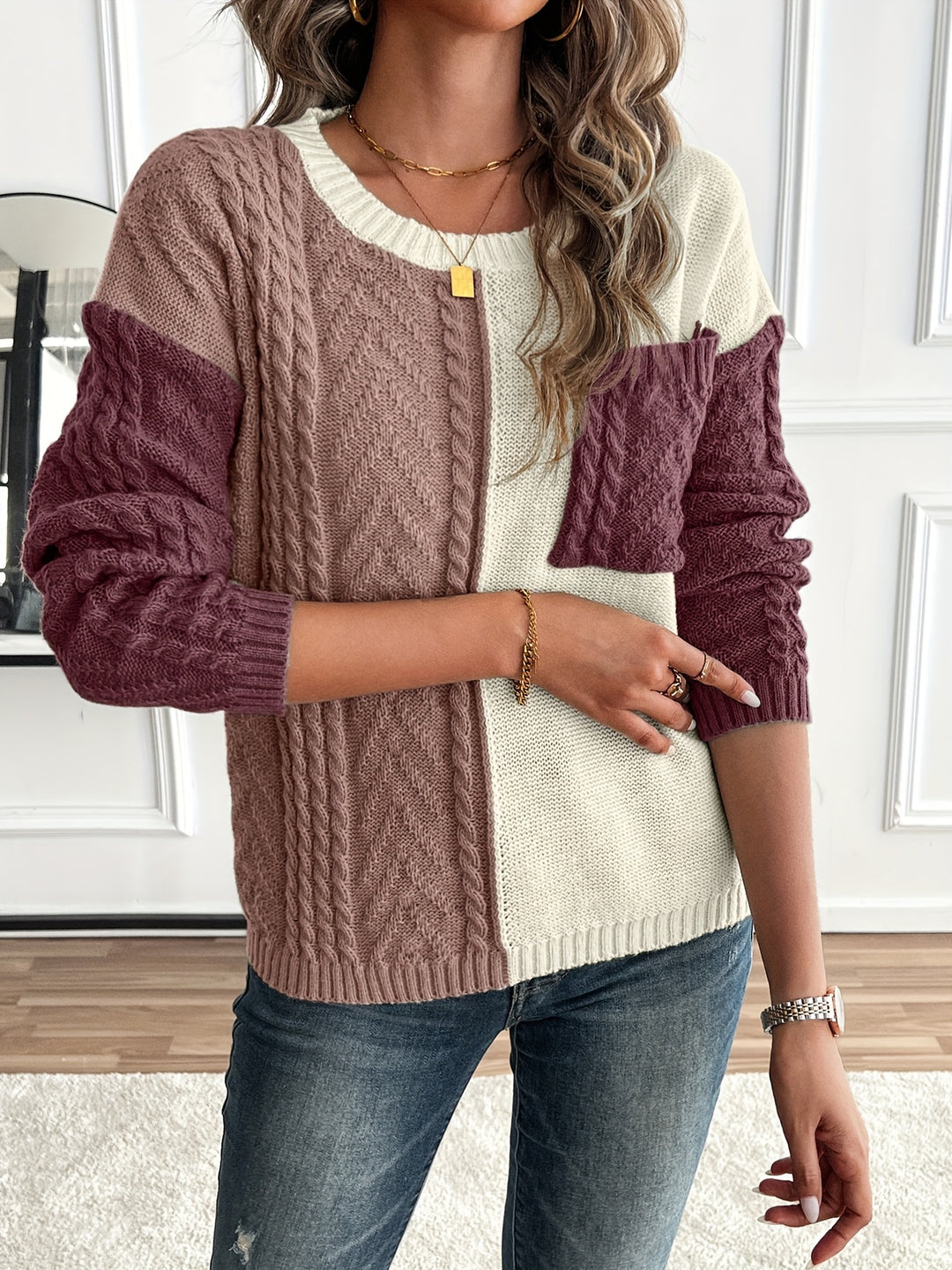 Delia | Two-Tone Cable Sweater