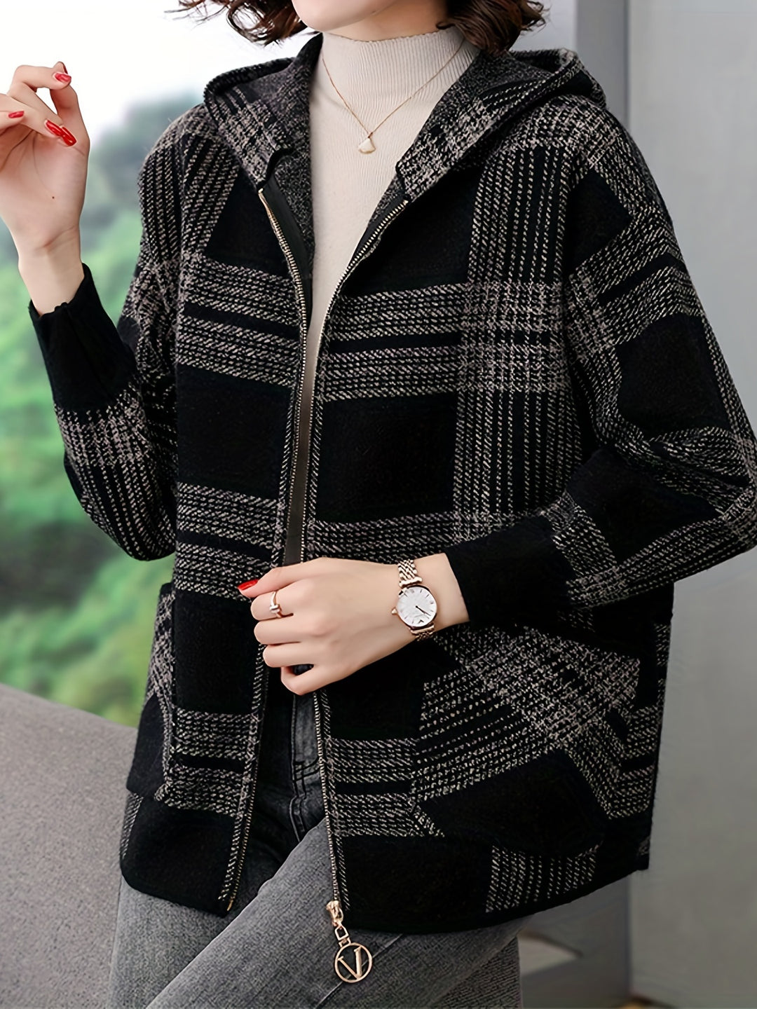 Delaney | Checked Hooded Zip-Up Jacket