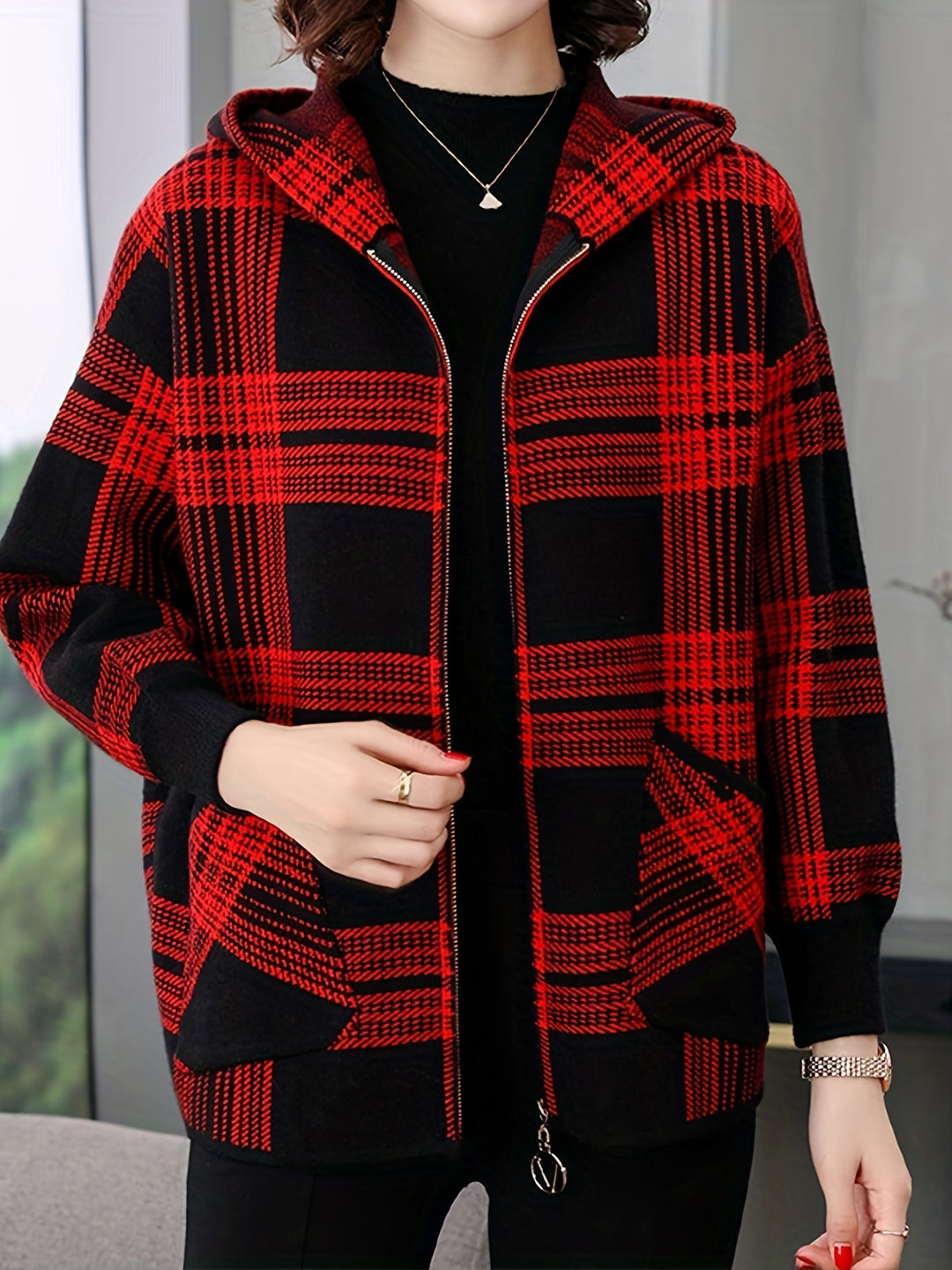 Delaney | Checked Hooded Zip-Up Jacket