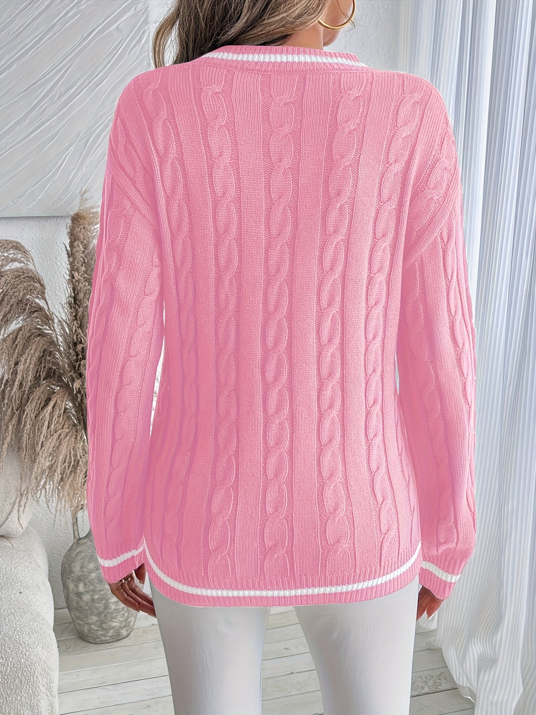 Katherine | Striped V-Neck Cable Jumper