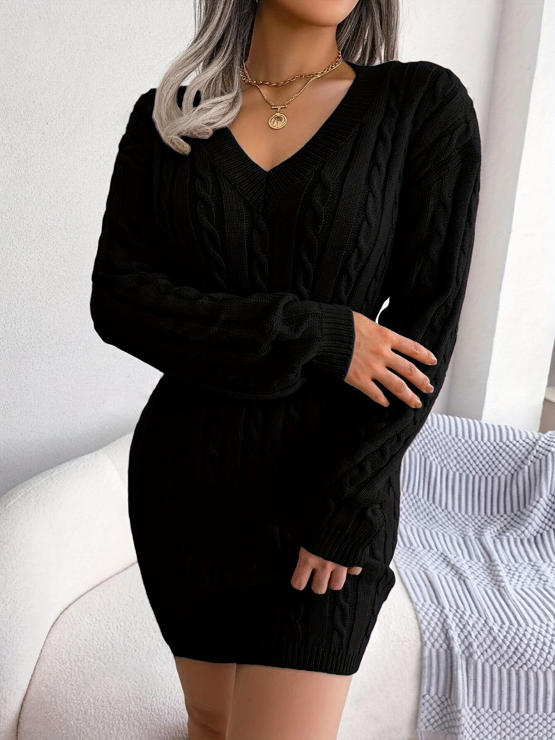 Tabitha | Cable-Knit Cinched-Waist Sweater Dress