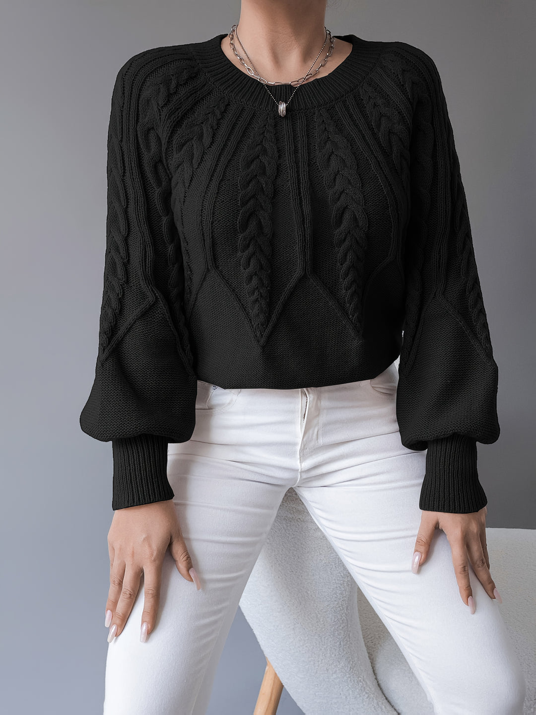 Odette | Cable-Knit Lantern Sleeve Sweater