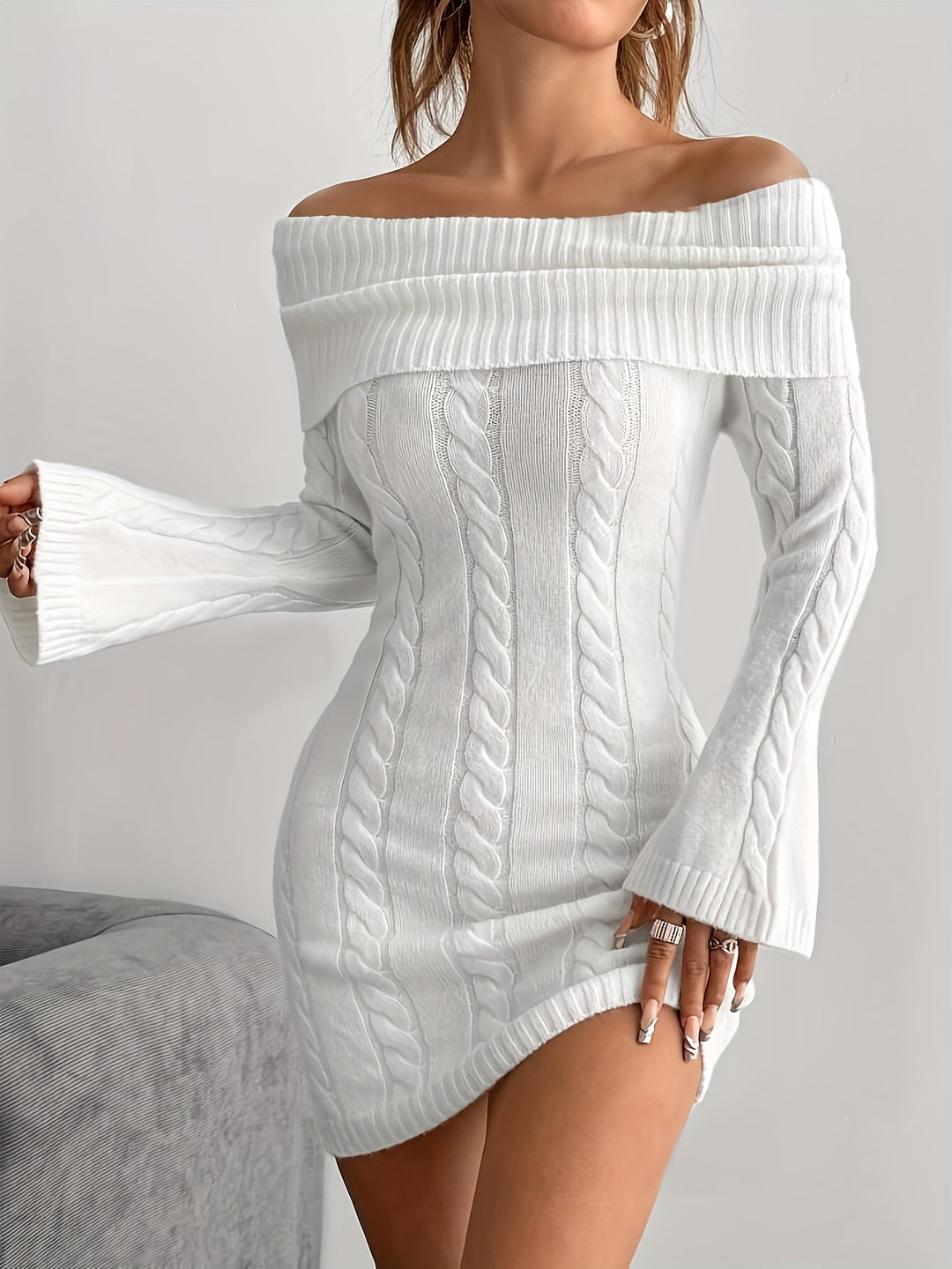 Gabrielle | Off-Shoulder Cable-Knit Dress