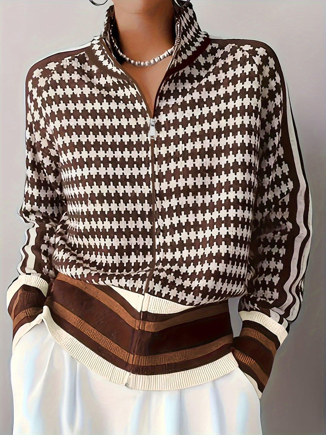 Lenora | Patterned Stand-Collar Zip Cardigan