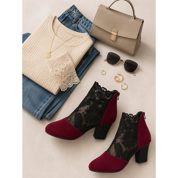 Helena | Floral-Lace Block Heel Ankle Boots