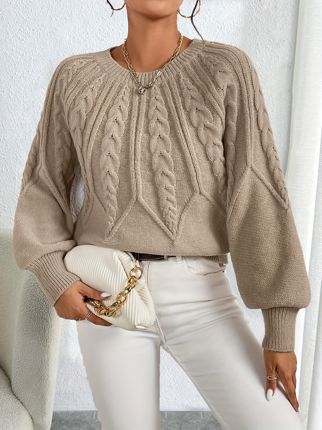 Odette | Cable-Knit Lantern Sleeve Sweater