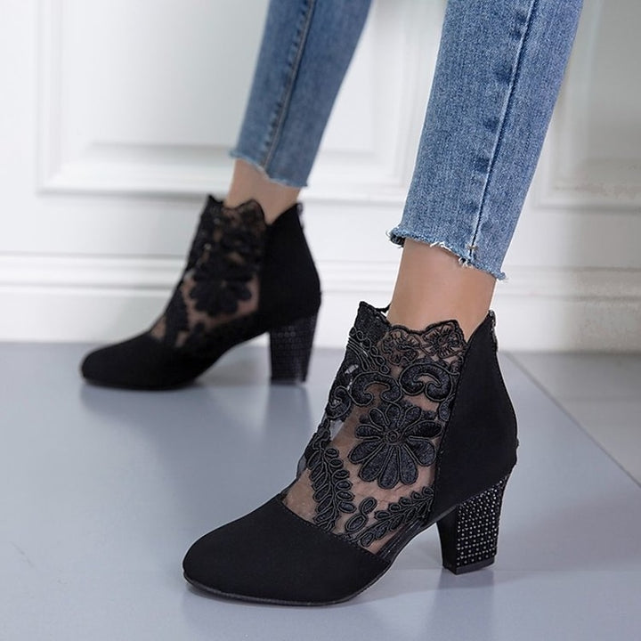 Helena | Floral-Lace Block Heel Ankle Boots
