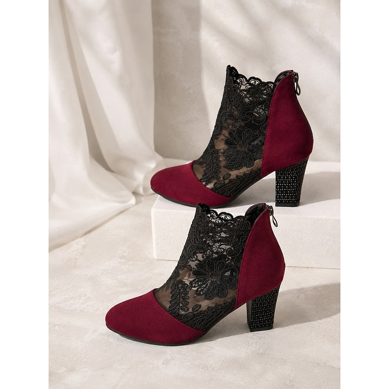 Helena | Floral-Lace Block Heel Ankle Boots