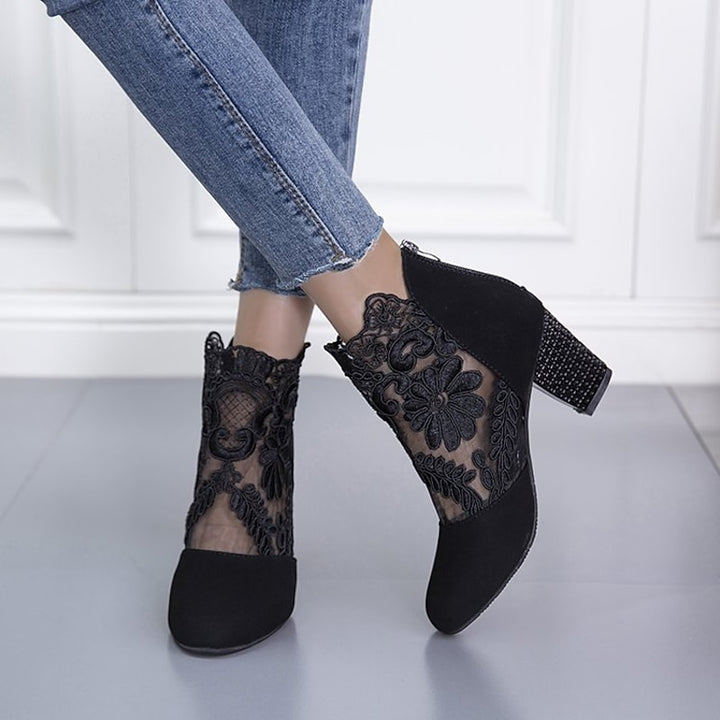 Helena | Floral-Lace Block Heel Ankle Boots