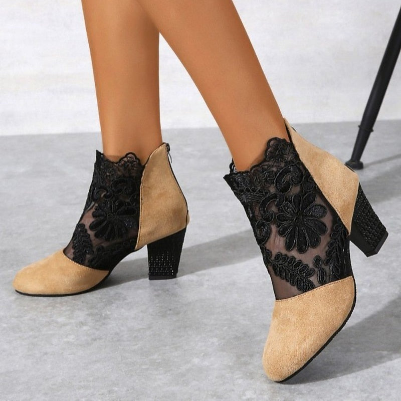 Helena | Floral-Lace Block Heel Ankle Boots