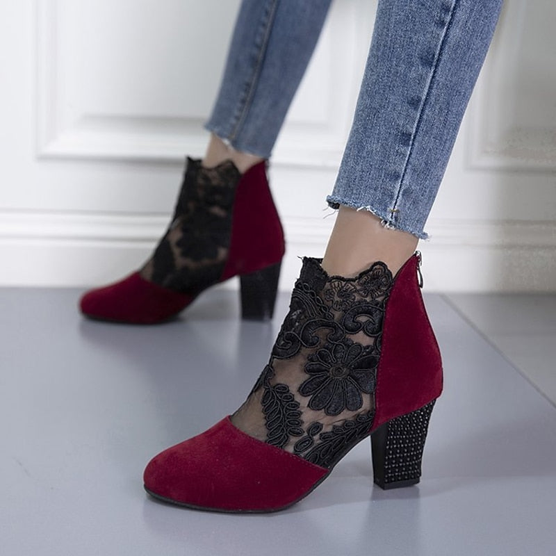 Helena | Floral-Lace Block Heel Ankle Boots