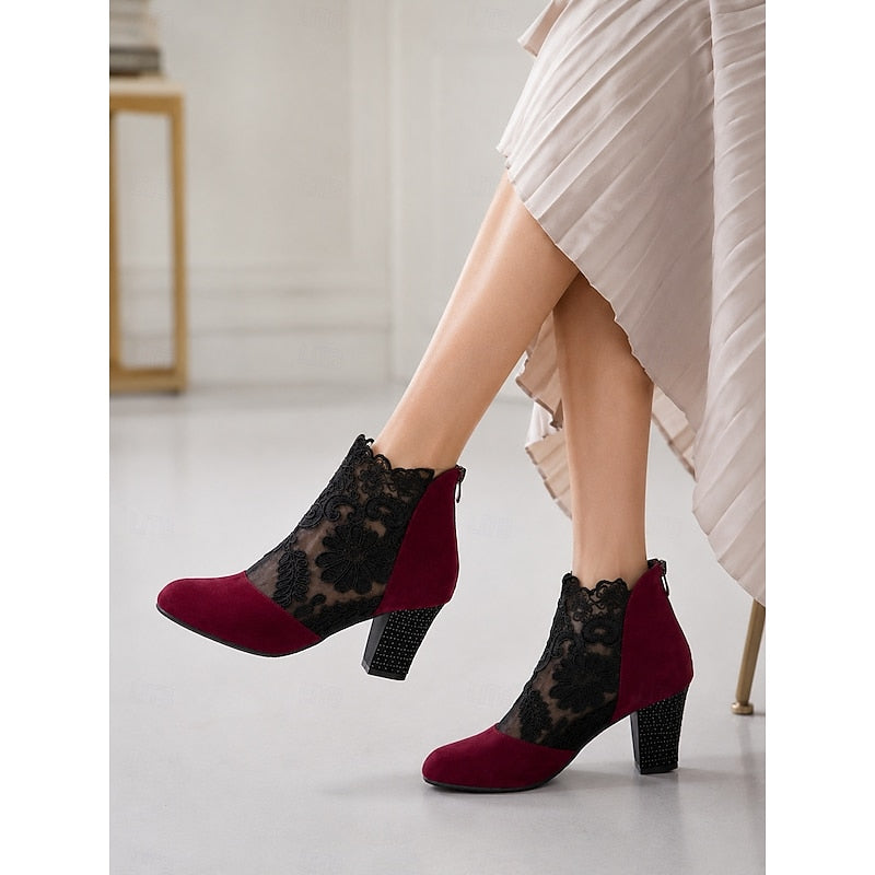 Helena | Floral-Lace Block Heel Ankle Boots